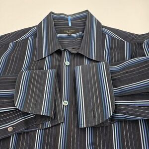 Ted Baker London Shirt Mens 5 Button Up Long Sleeve Flip Cuff Black Blue Stripes